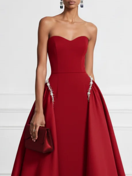 Red Faux Pearl Split Joint Satin Strapless Sleeveless A-Line Maxi Dress