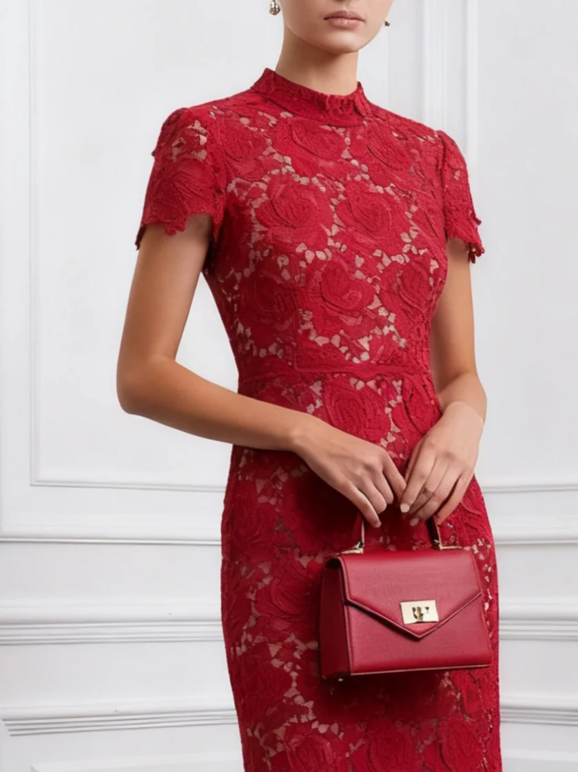 Red Lace Mock Neck Short Sleeve Mermaid Midi Dress