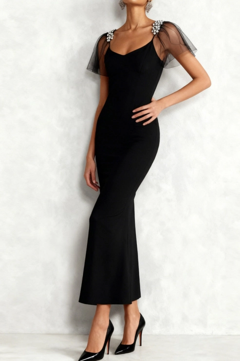 Black Formal Evening Dress Mermaid Ruffle Sleeve Maxi Dress