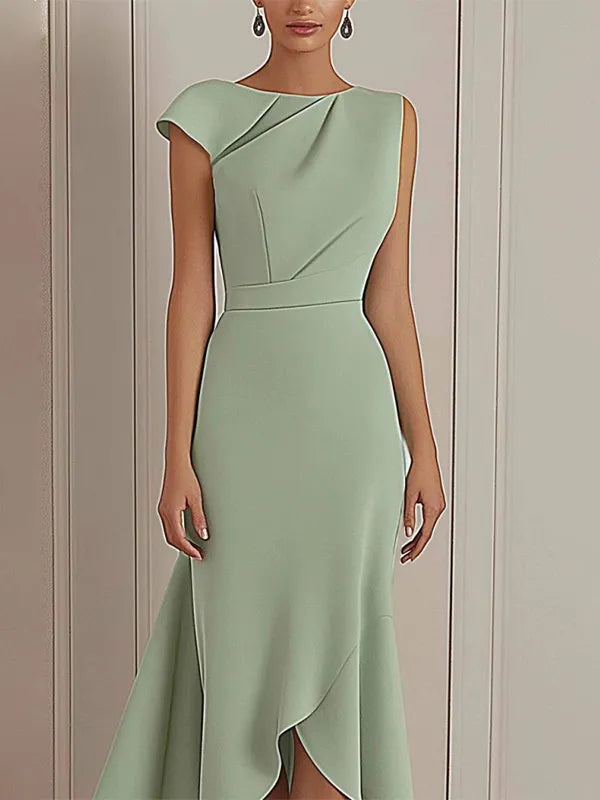 Daily Party Dress Sage Green Round Neck Asymmetric Midi Dress
