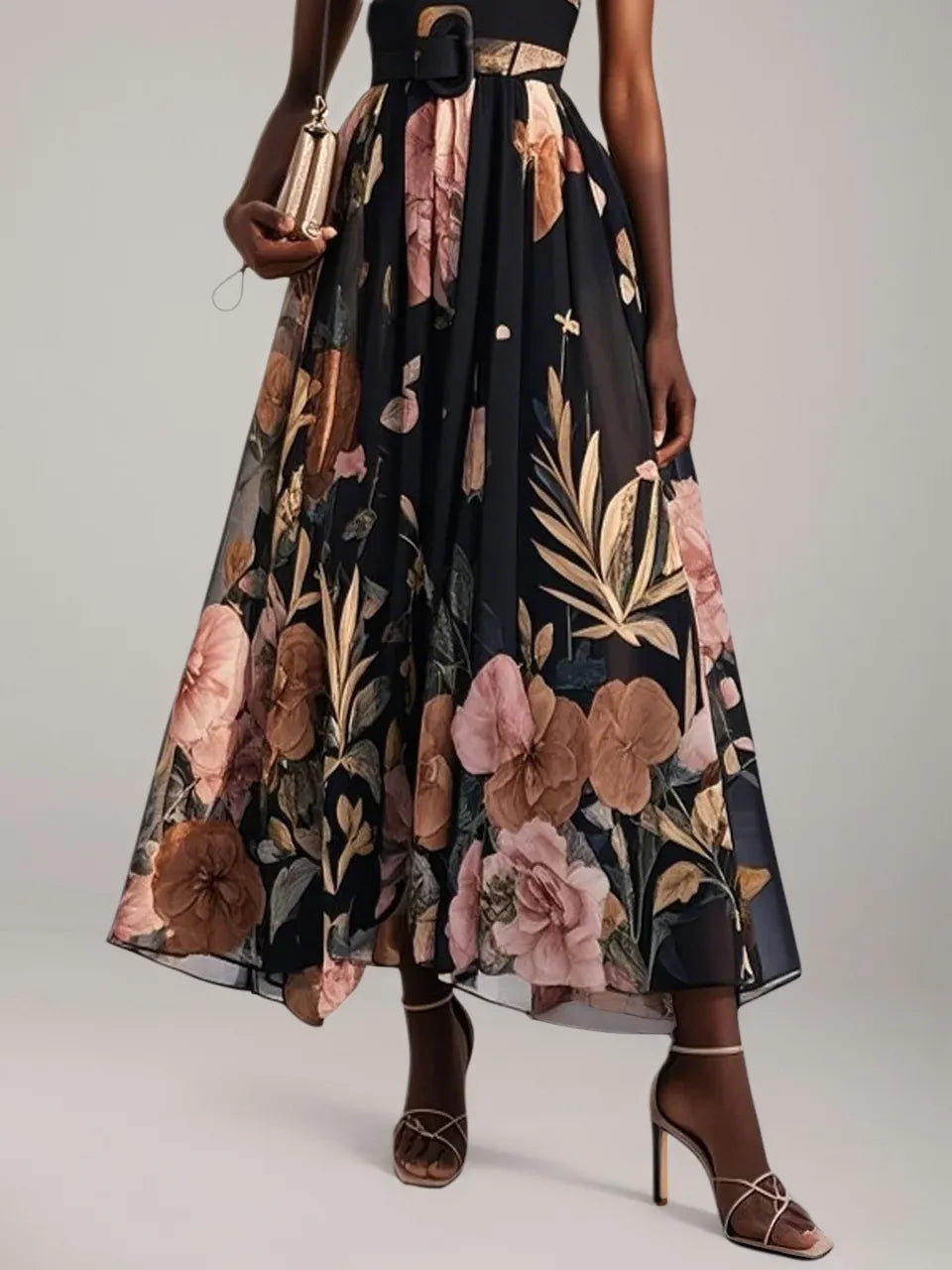 Black Floral Chiffon Strapless Sleeveless A-Line Midi Dress