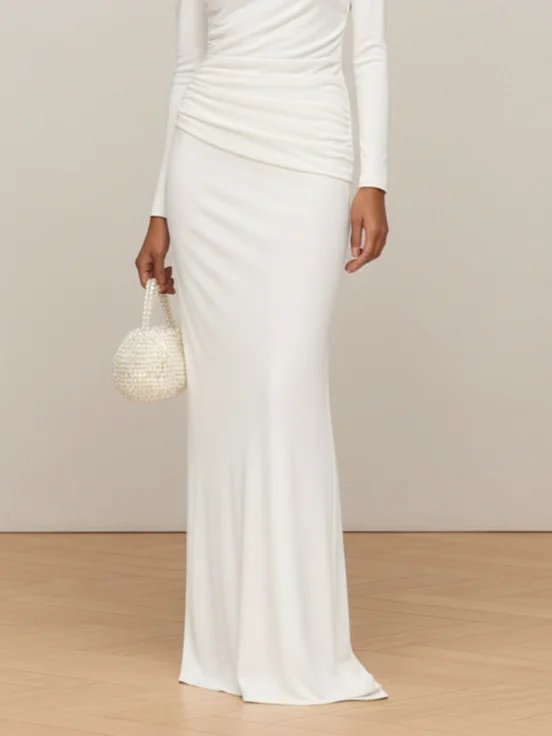 White Ruched Knit Asymmetrical Long Sleeve Sheath Gown Dress