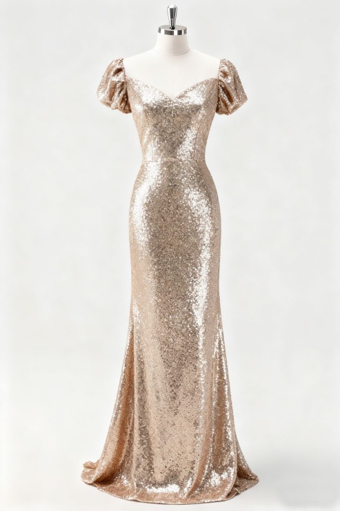 Formal Party Dress Mermaid Champagne Puff Sleeve Sequin Maxi Dress