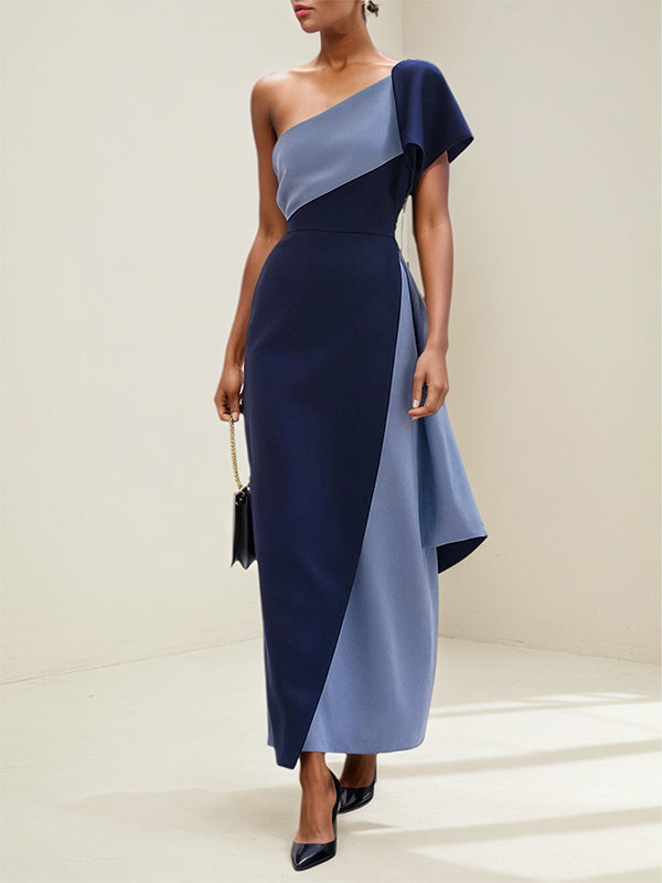 Royal Blue&Steel Blue Stretch Crepe One Shoulder Short Sleeves Ankle Length Dress