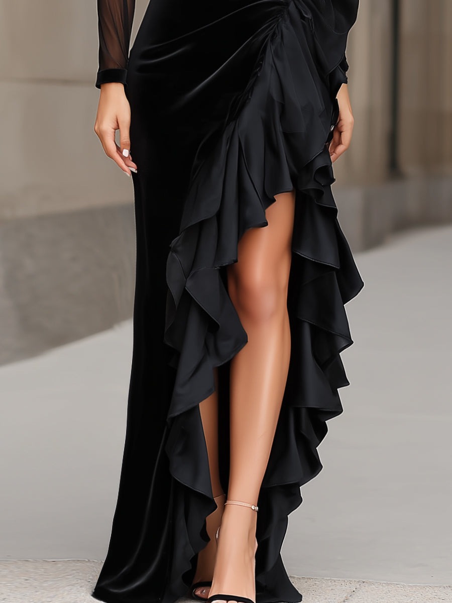 Black Velvet Evening Gown With Sheer Sleeves And Cascading Ruffle Slit