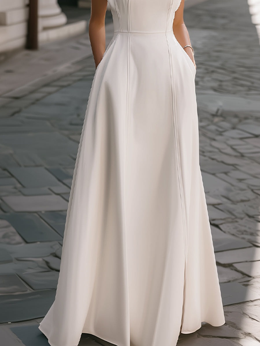 White High-Neck Sleeveless Structured A-Line Gown