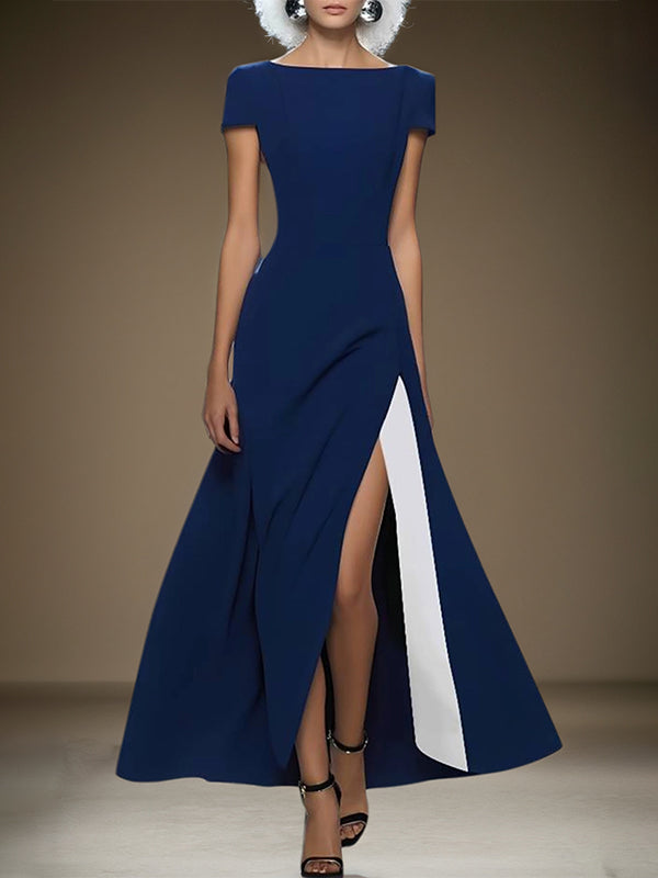 Royal Blue Stretch Crepe Round Neck Short Sleeves Dress With High Slit