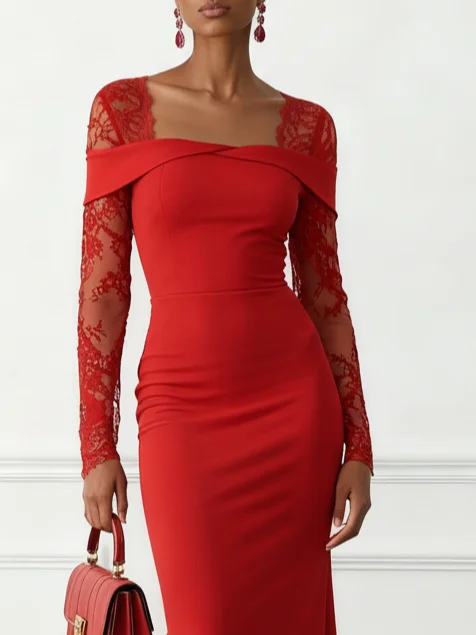 Red Lace Knit Square Neck Long Sleeve Bodycon Maxi Dress