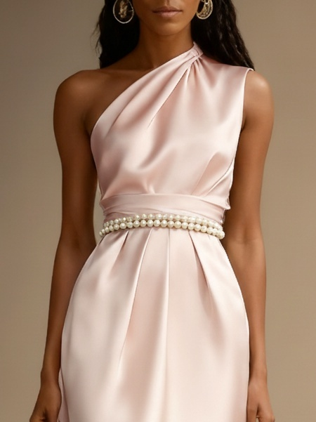 Pink Pearl Satin One Shoulder Sleeveless A-Line Gown Dress