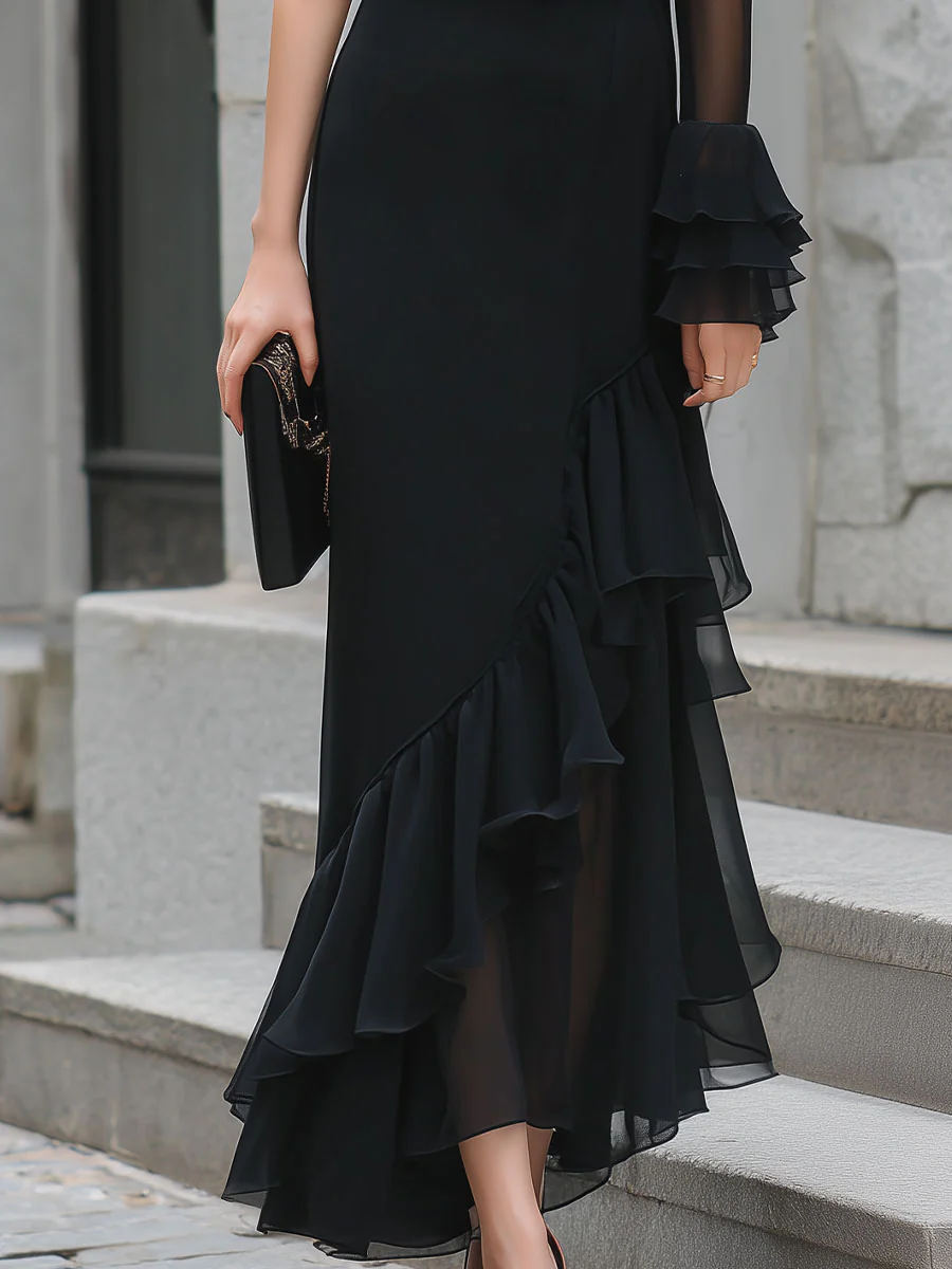 Black One-Shoulder Sheer Ruffled Midi Dress
