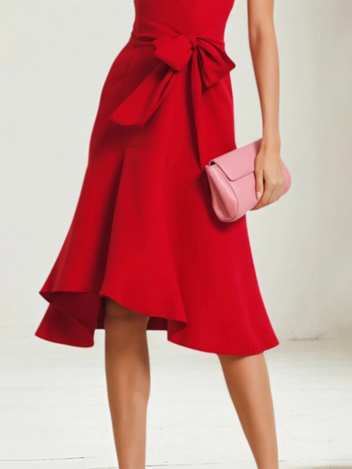 Cocktail Party Red V Neck Lace Up Knee Length Dress