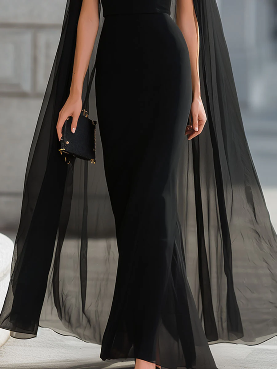 Black High Neck Sheer Capelet Mermaid Gown