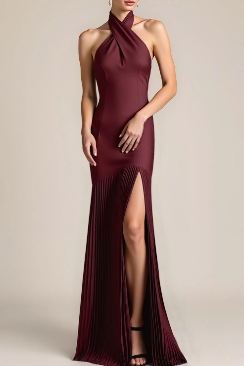 Formal ​Wedding Bridesmaid Dress Burgundy Halter Pleated Maxi Dress with Slit