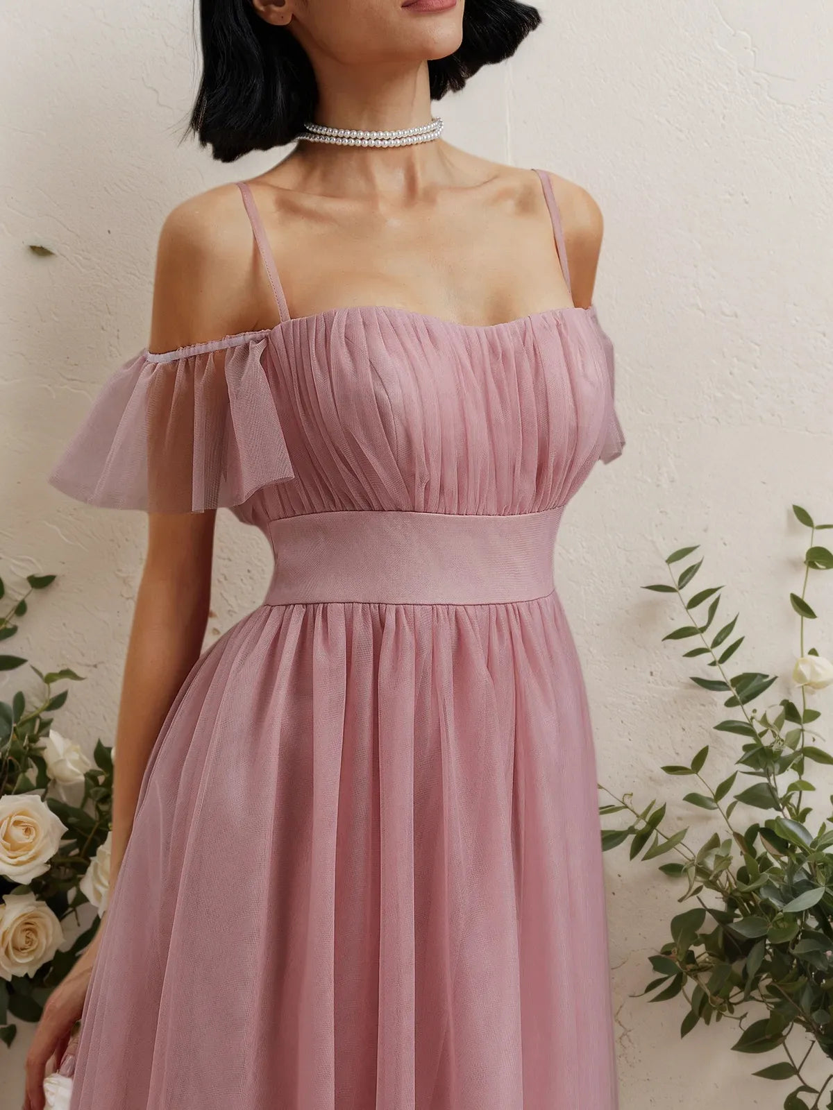 Pink Classic Off The Shoulder Short Sleeve A-Line Maxi Dress