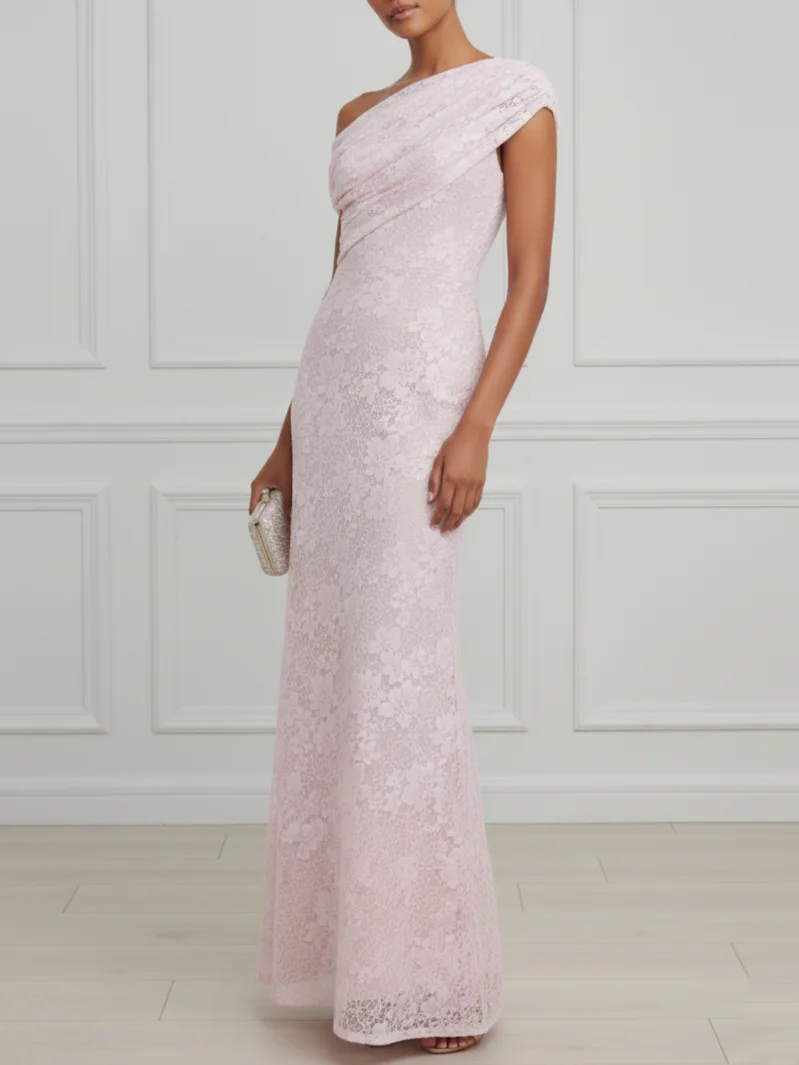 Pink Ruched Lace Off The Shoulder Short Sleeve Sheath Maxi Dress