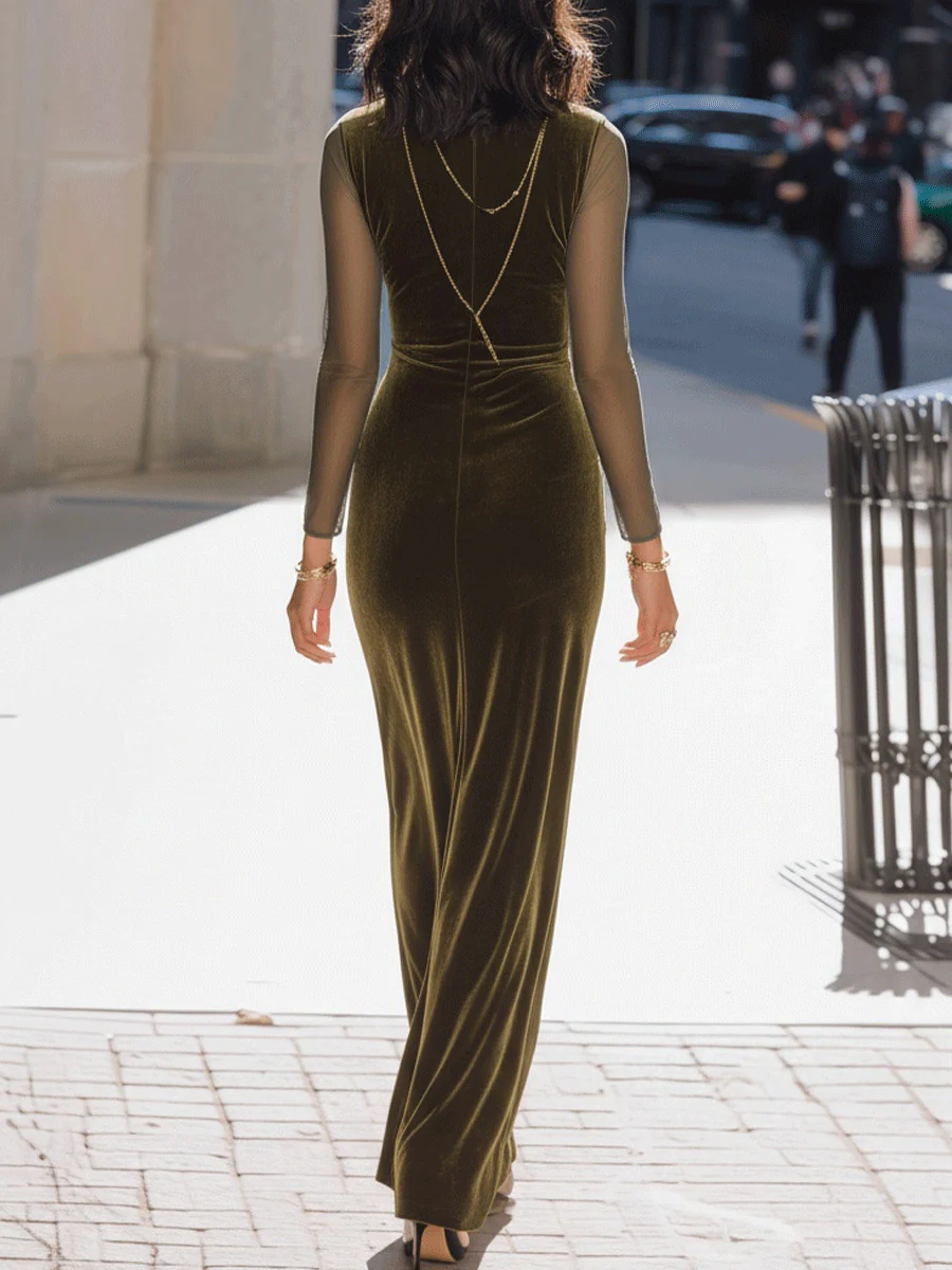 Olive Green Velvet Gown With Sheer Sleeves