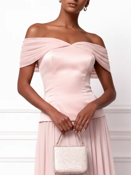 Pink Split Joint Chiffon Satin Off The Shoulder Sleeveless A-Line Maxi Dress
