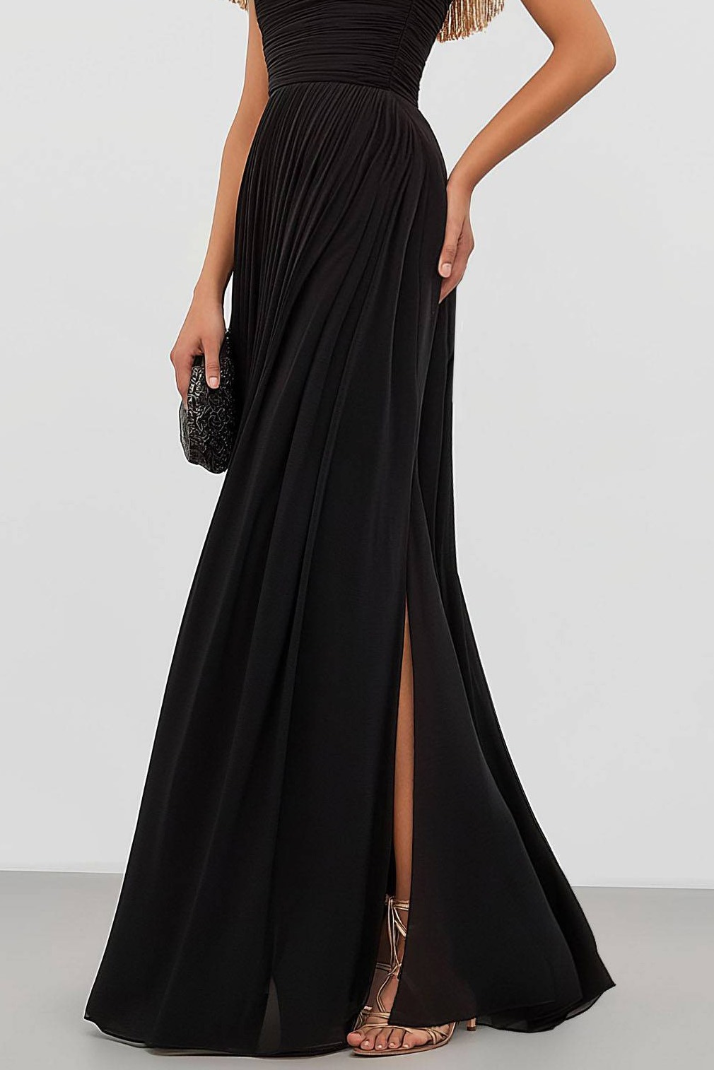 Formal Fringe Dress Boat Neck Black Gold Color Block Ruched Slit Gown
