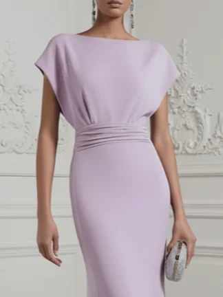 Lavender Ruched Classic Boat Neck Short Sleeve Raglan Sleeves Mermaid Gown Dress