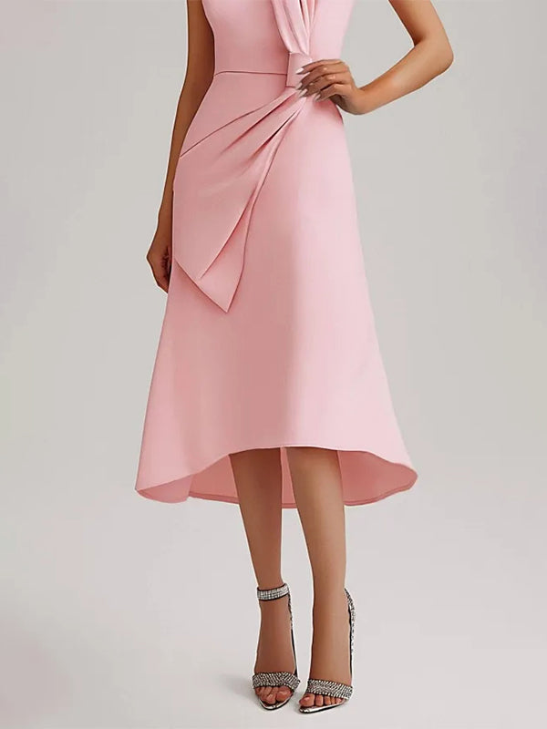 Wedding Guest Pink Dress Round Neck Sleeveless Bow Midi Dress