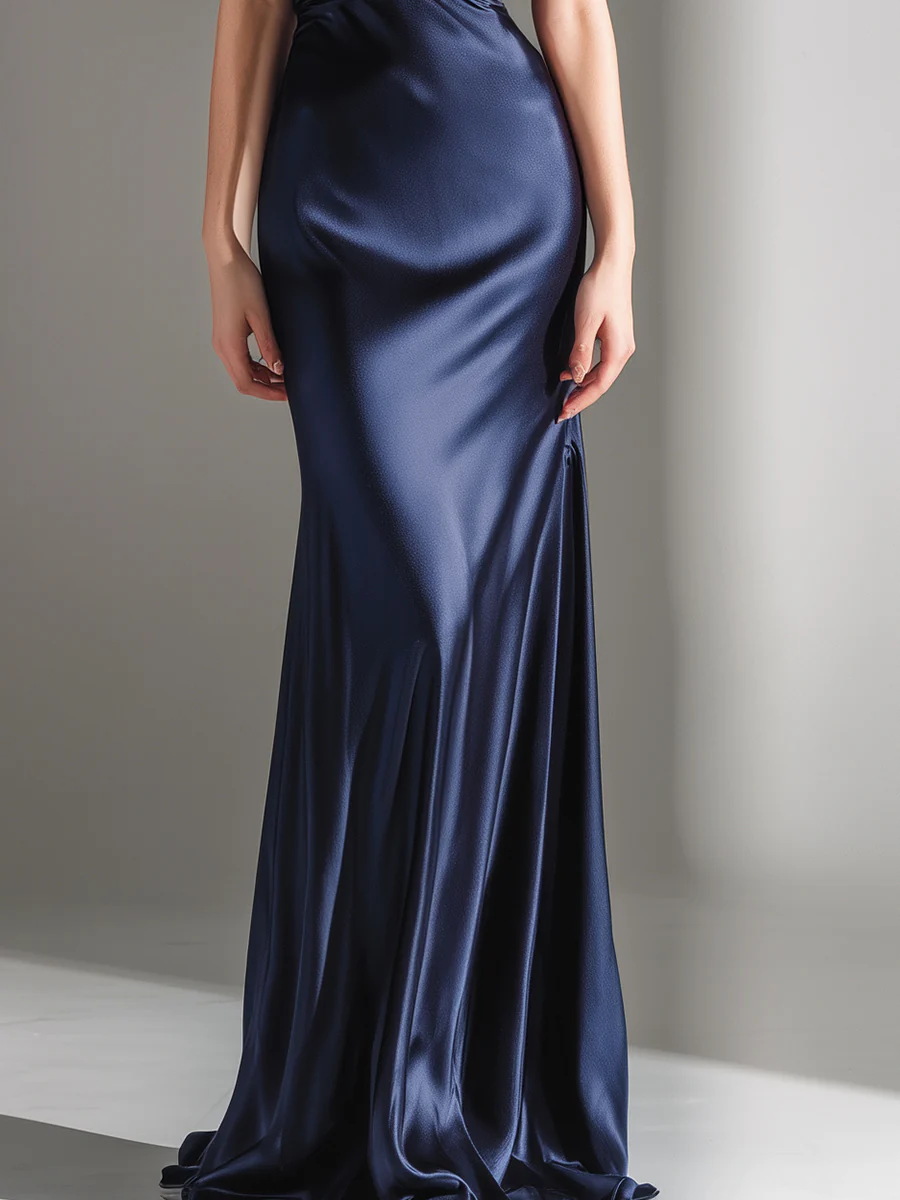 Navy Blue Statement Pleated-Sleeve Deep V Knot-Front Evening Gown