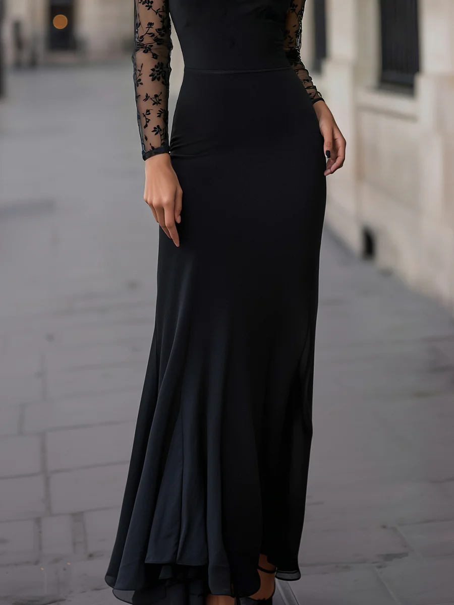 Black Embroidered Sheer-Panel Evening Gow