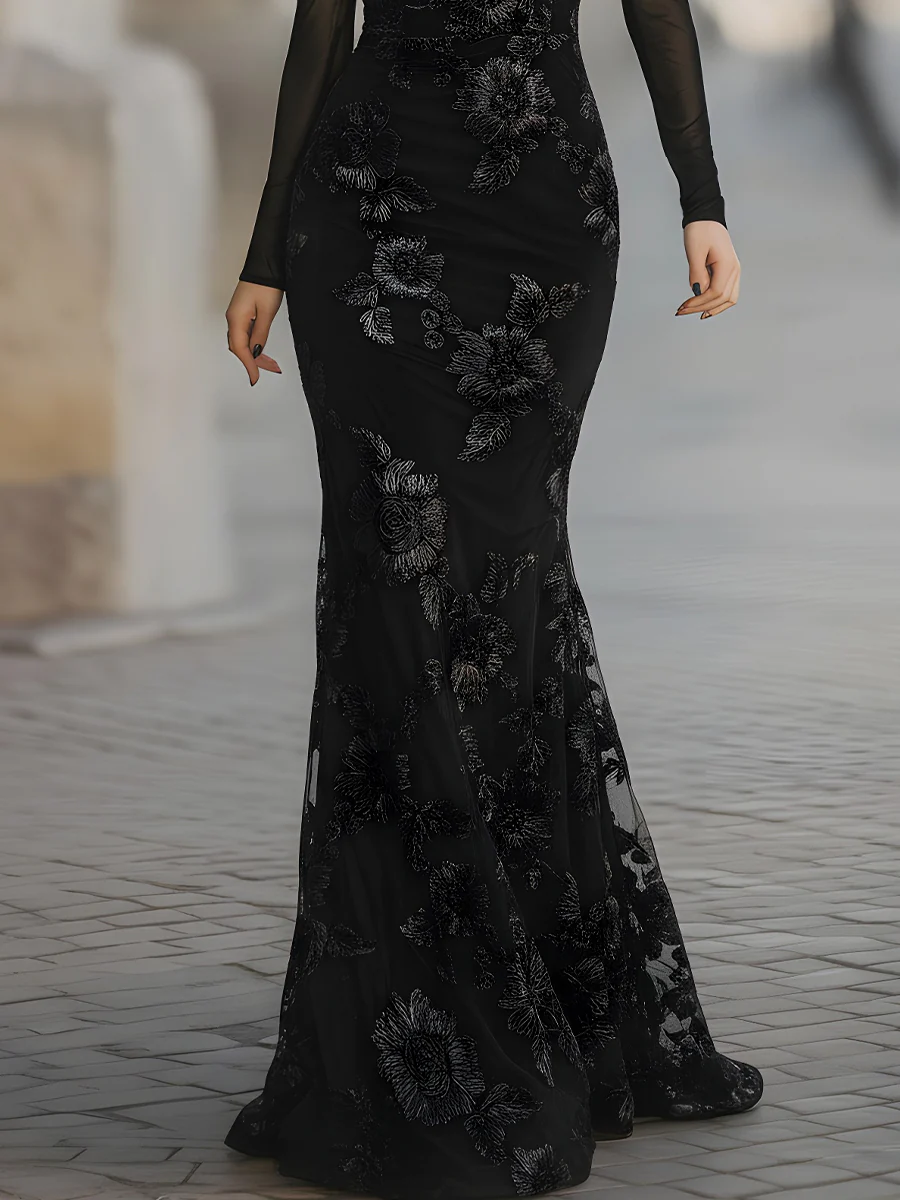Black Floral Embroidered Off-Shoulder Mesh Sleeve Mermaid Gown