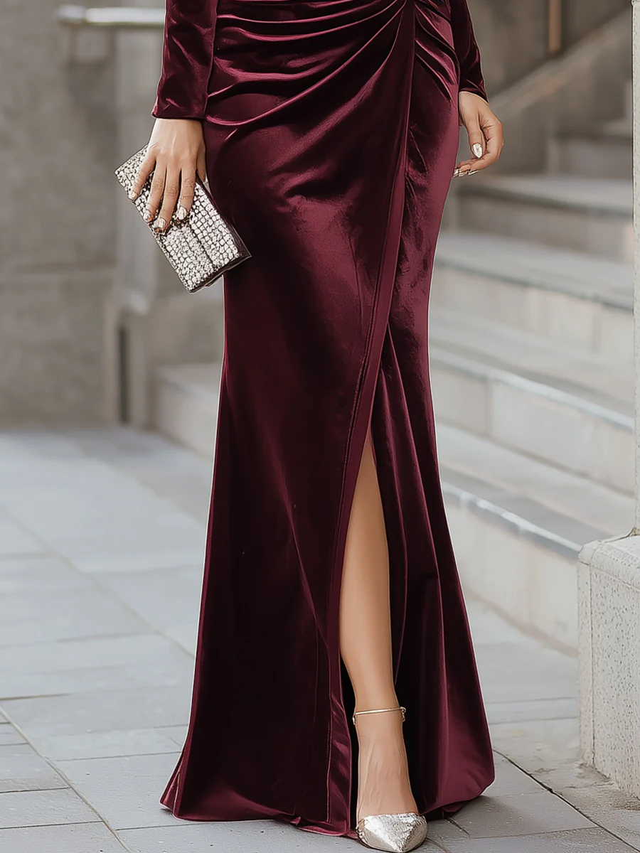  Burgundy Velvet One-Shoulder Evening Gown