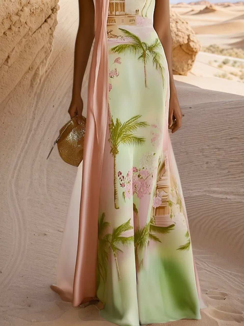 Green Floral Classic Crew Neck Sleeveless A-Line Gown Dress