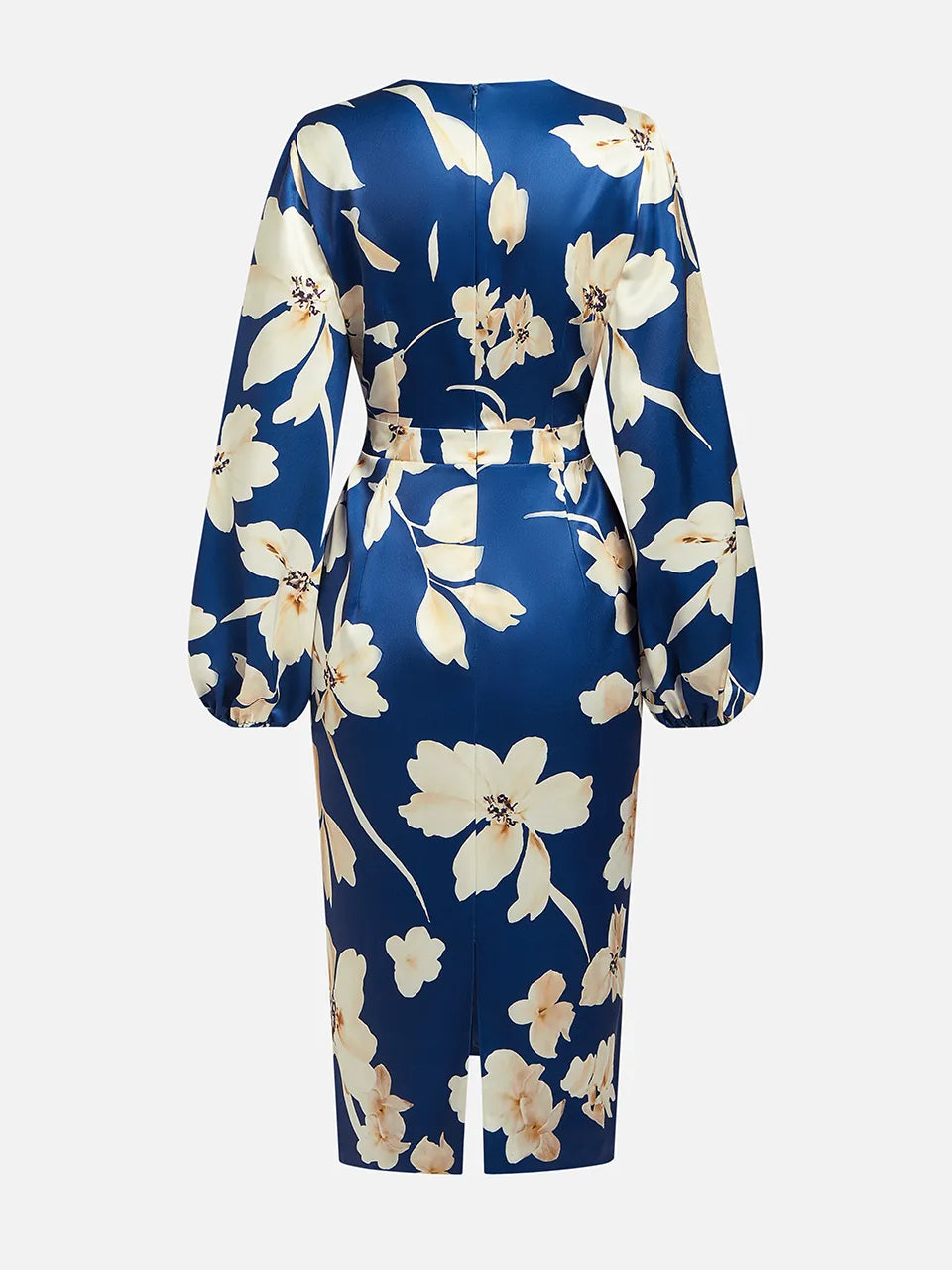 Blue Floral V Neck Balloon Sleeve Midi Sheath Satin Dress