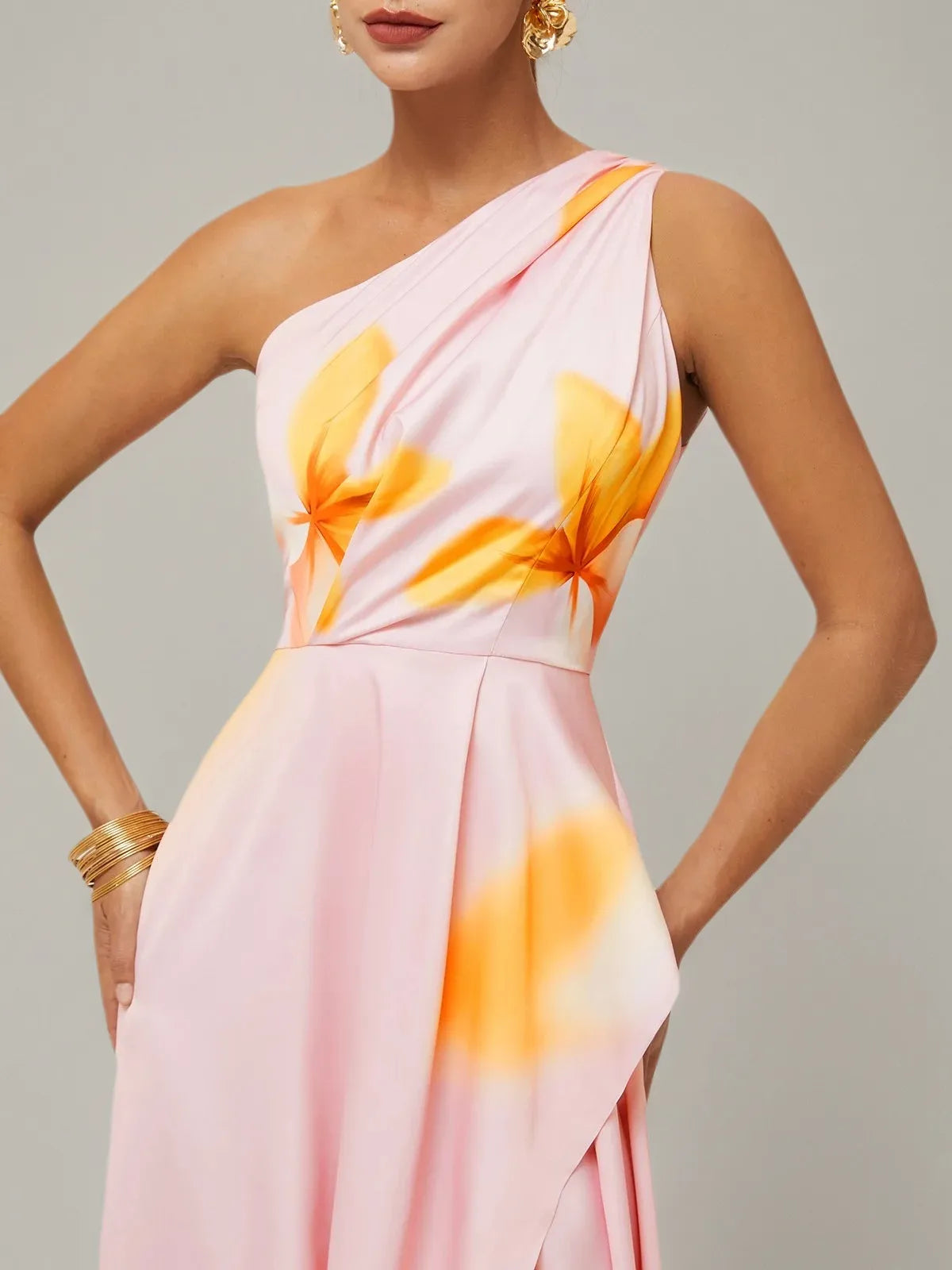 Orange Pink Floral One Shoulder Slit A Line Gown