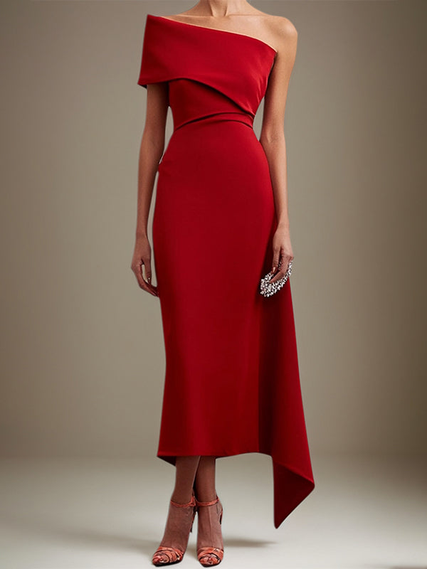 Cocktail Party Dress One Shoulder Red Ankle Length Dress