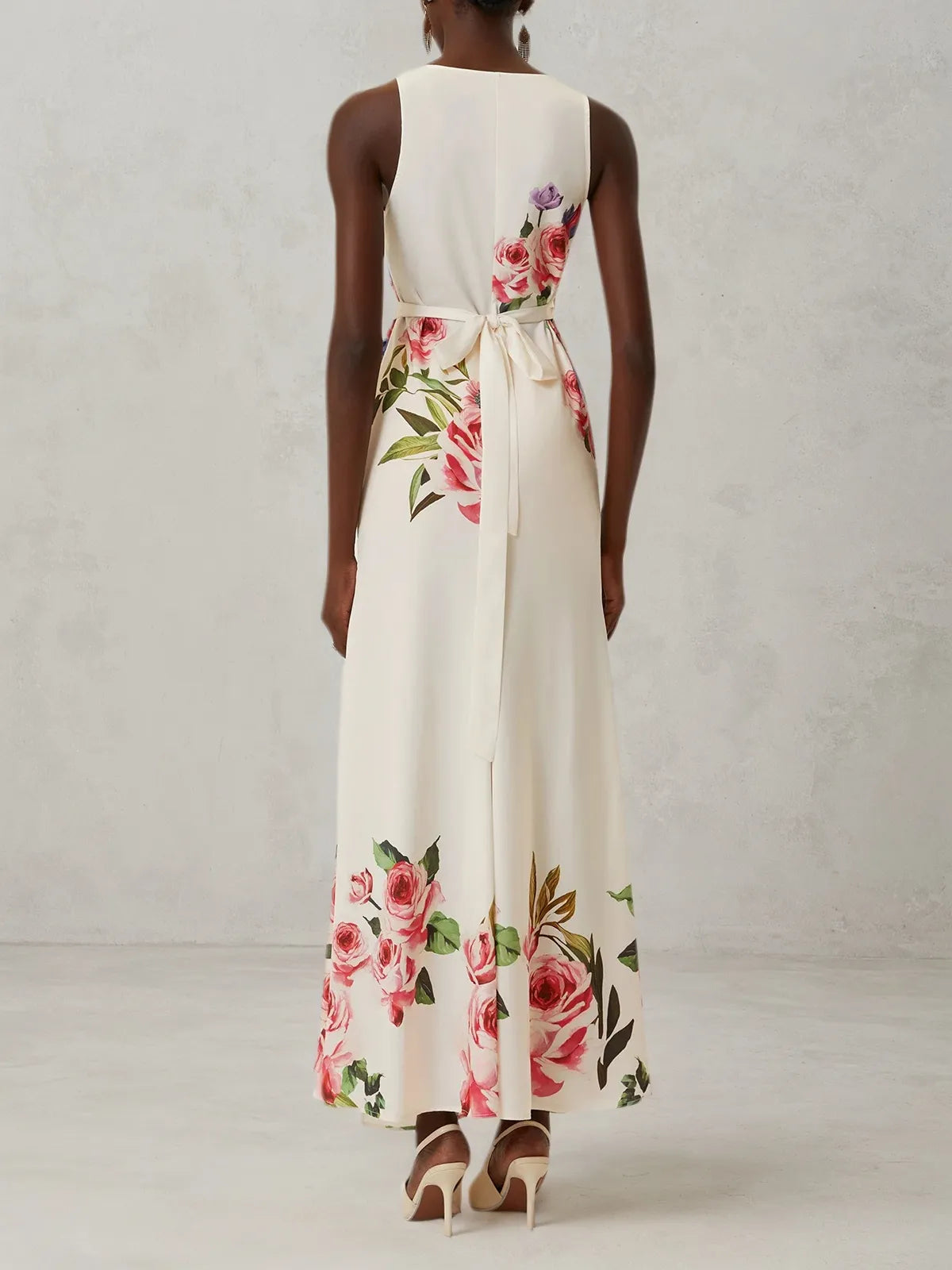 Pink Cross Floral Wrap Dress V Neck Sleeveless Mermaid Gown Dress