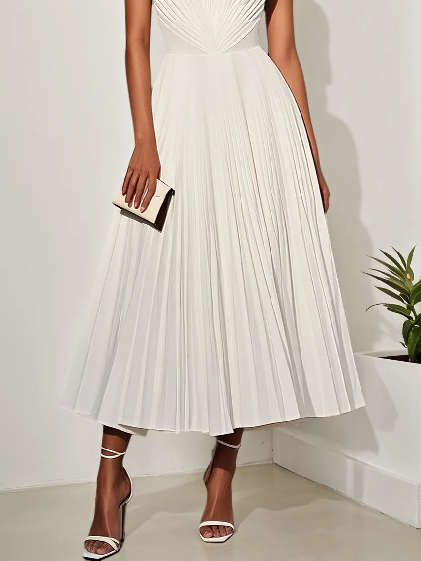 White Pleated Classic Strapless Sleeveless A-Line Midi Dress
