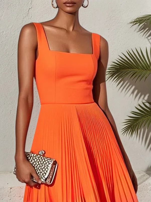 Orange Pleated Classic Square Neck Sleeveless A-Line Midi Dress