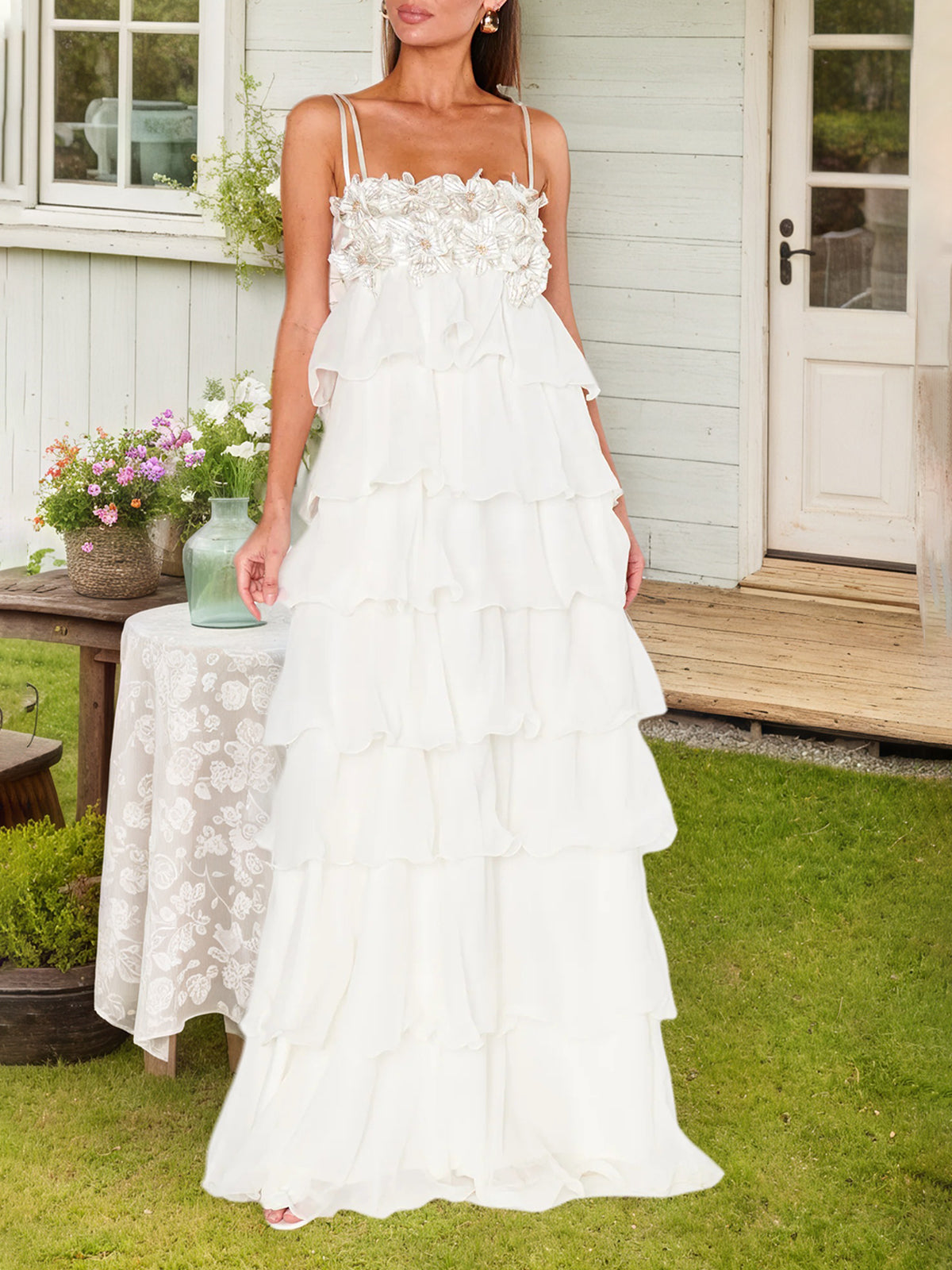 White Embroidered Chiffon Ruffle Maxi Dress