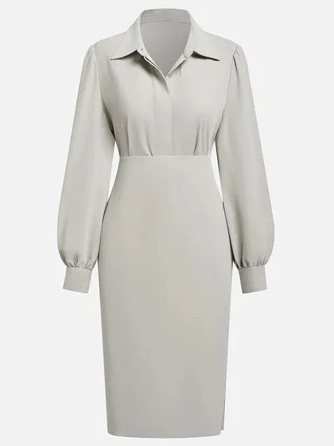 Light Gray Ruched Classic Shirt Collar Long Sleeve Sheath Midi Dress