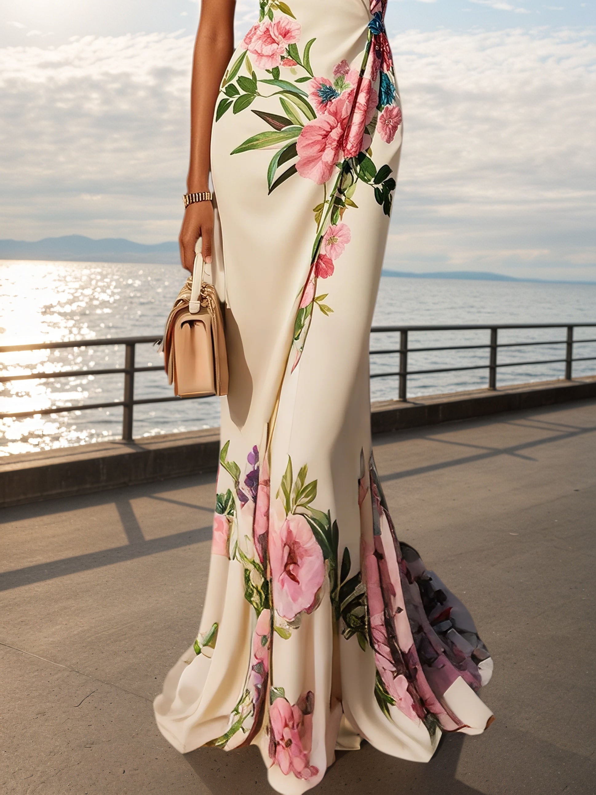 Pink Cross Floral V Neck Sleeveless Mermaid Gown Dress