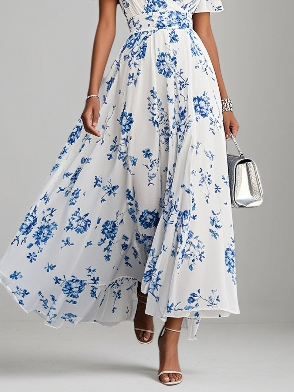 Blue Floral Chiffon V Neck Short Sleeve A Line Maxi Dress