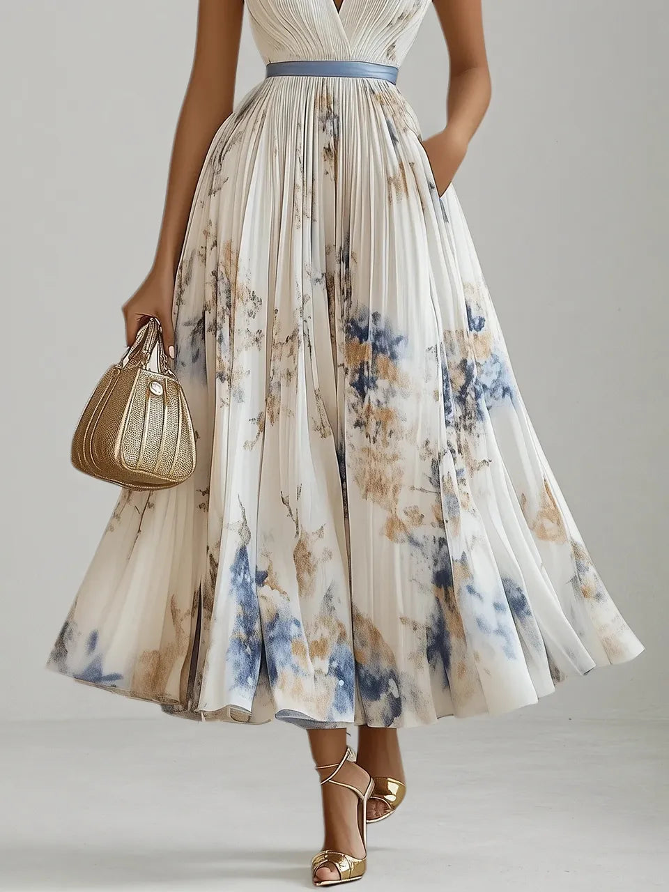 White Pleated Floral Chiffon V Neck Sleeveless A-Line Midi Dress