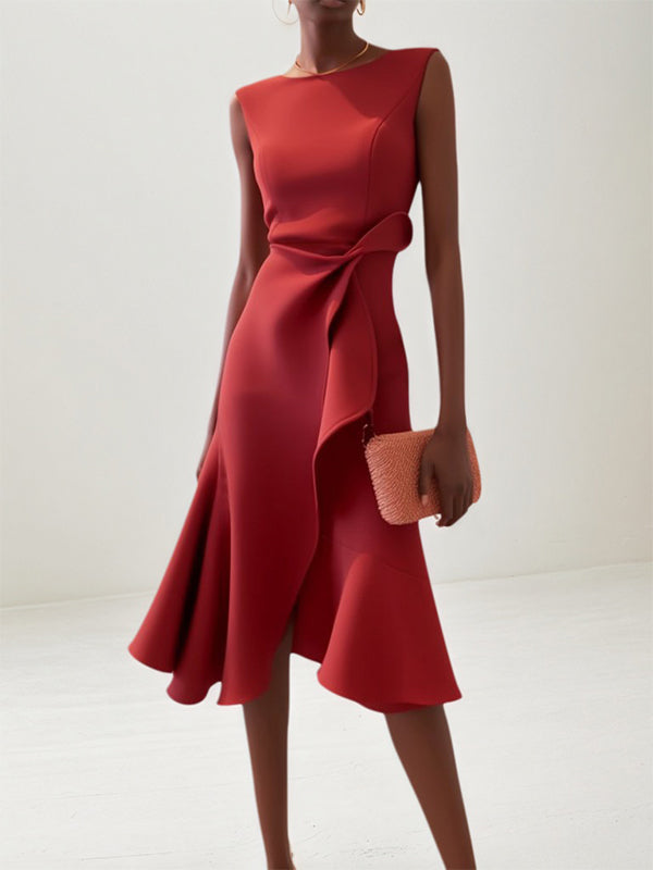 A Line Red Stretch Crepe Round Neck Sleeveless Knee Length Dress
