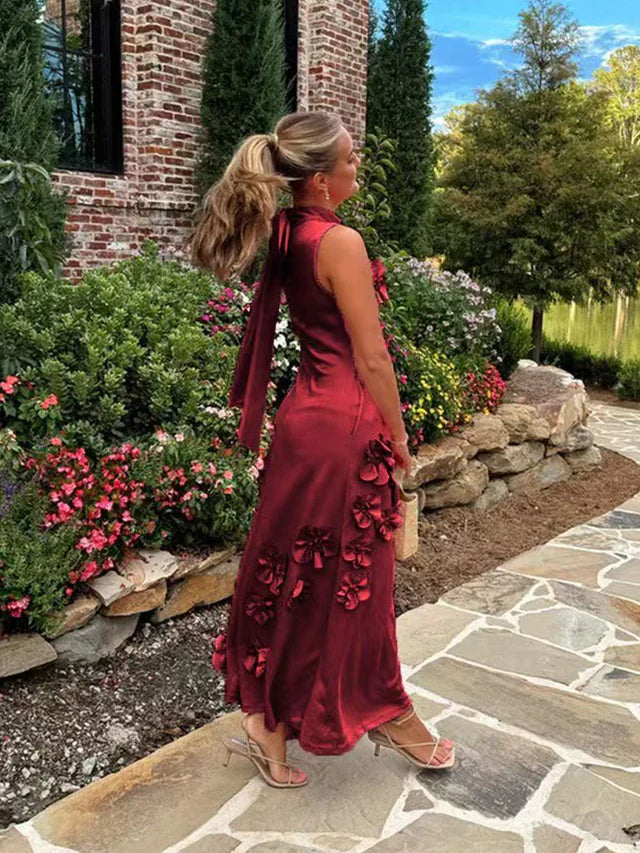 A Line High Neck Sleeveless Floor Length Stretch Crepe Dress With 3D Flowers