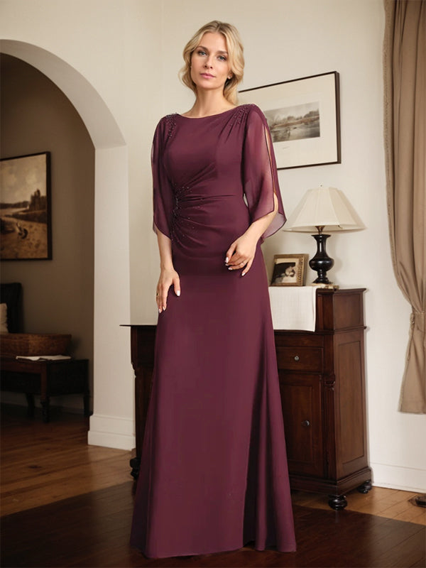 Sheath/Column Scoop Floor-Length Chiffon Mother of the Bride Dress With Pleated Beading