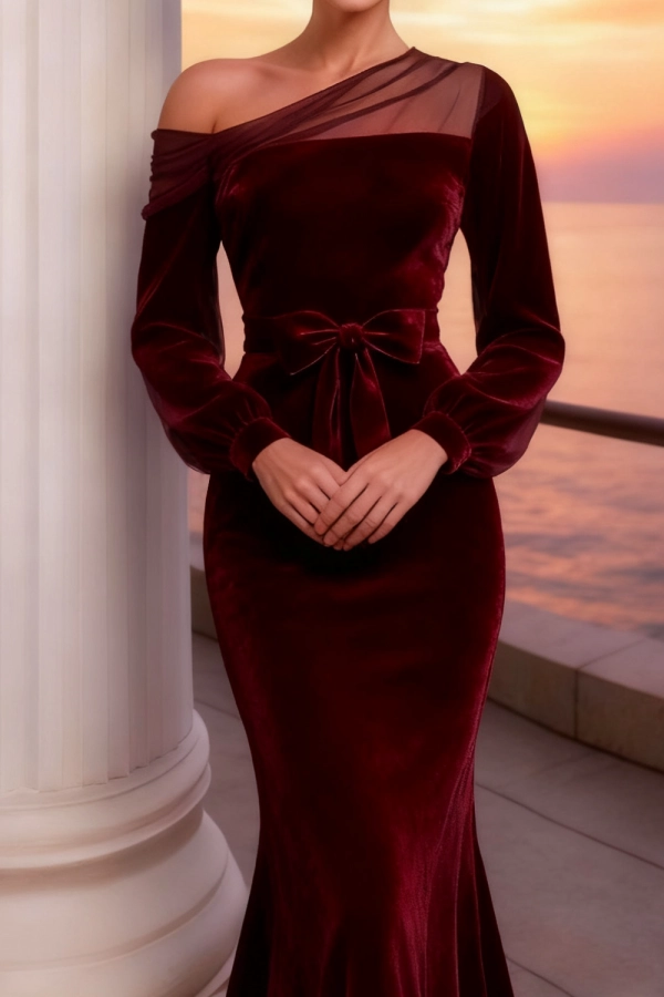 Evening Formal Dress Burgundy One Shoulder Velvet Maxi Dress