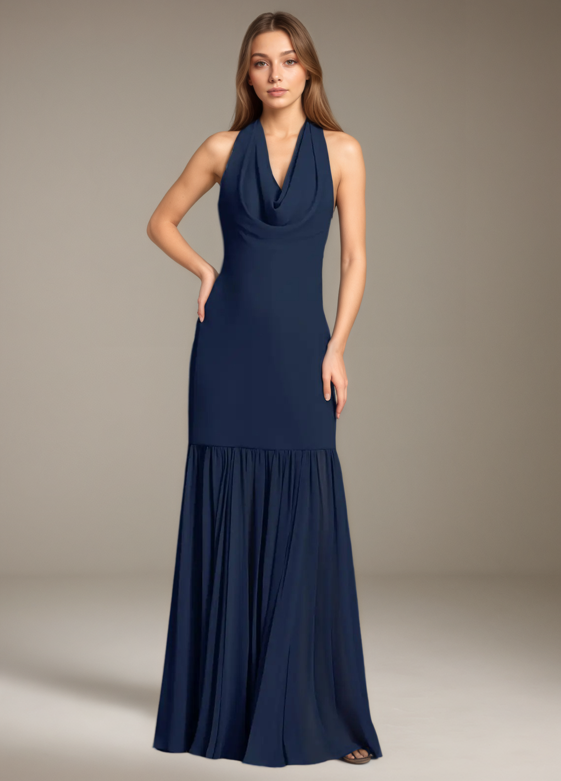 Navy Blue Halter Mermaid Evening Dress
