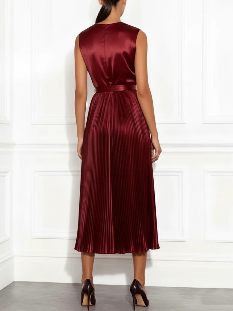 Wine Red 3D Floral Pleated Satin Deep V Neck Sleeveless A-Line Midi Dress