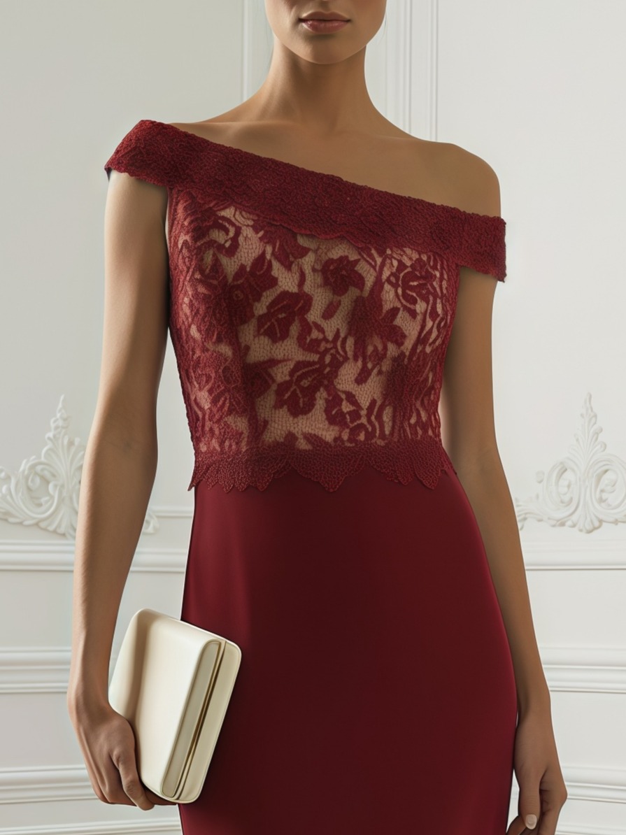 Burgundy Lace Classic Off The Shoulder Sleeveless Sheath Maxi Dress