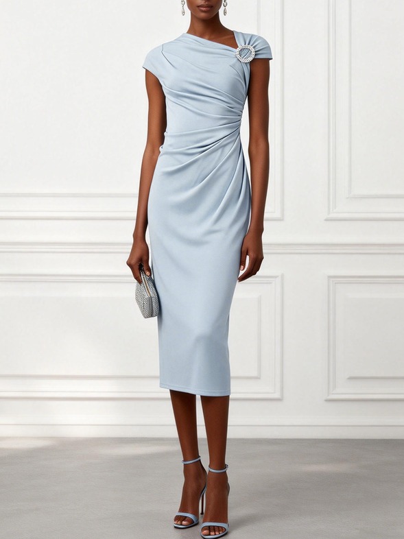 Light Blue Gathered Rhinestone Knit Asymmetrical Cap Sleeve Bodycon Midi Dress