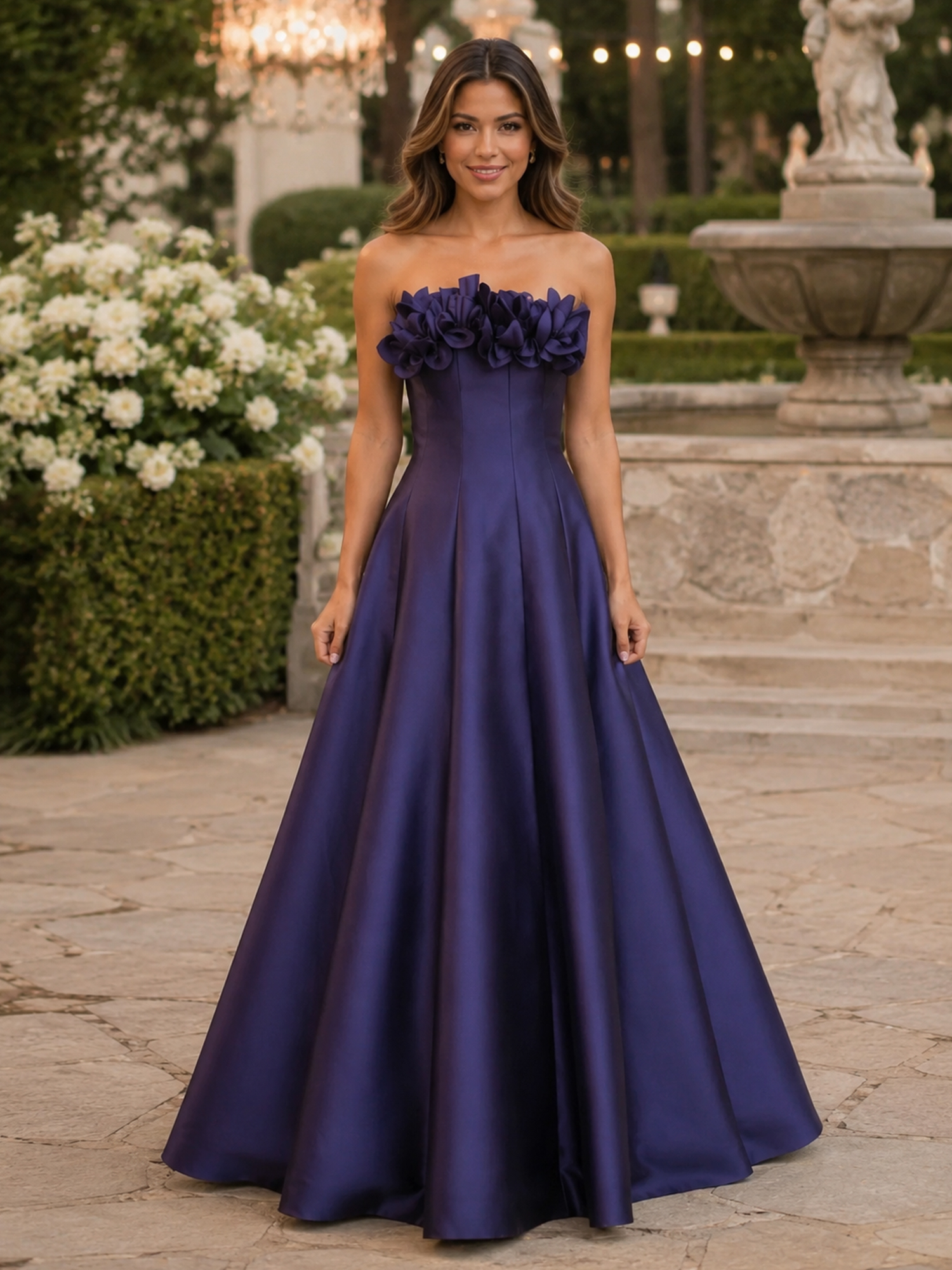 Strapless Pleated Bodice Floral Applique Satin Evening Gown