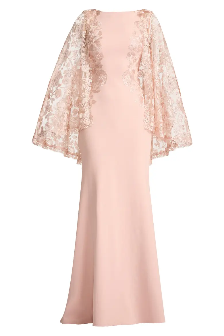 Bateau Neck Lace Cape Overlay Evening Gown